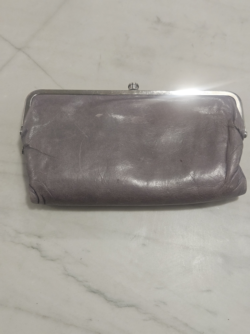 Vintage HOBO Lauren Gray Distressed Leather Double Frame Clutch Wallet